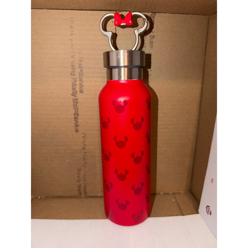 Disney Parks Minnie Mouse Red Stainless Steel Water Bottle Carabiner Lid Canteen